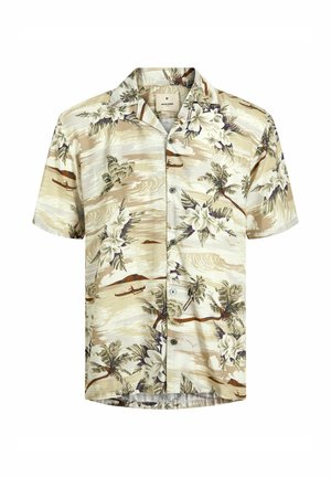 Šviesiai bežinė trumpų rankovių marškinėliai su tropiniu gėlių raštu, turi mygtukus priekyje ir stovyklos apykaklę.