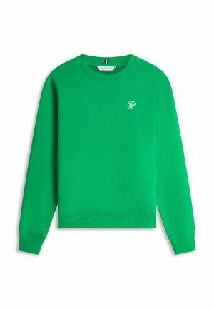 Grünes Langarm-Sweatshirt mit rundem Ausschnitt, kleinem weißen besticktem "TH"-Logo auf der linken Brust sowie gerippten Bündchen und Saum.