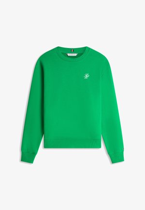 Grünes Langarm-Sweatshirt mit rundem Ausschnitt, kleinem weißen besticktem "TH"-Logo auf der linken Brust sowie gerippten Bündchen und Saum.