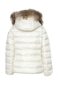 Giacca puffer bianca con cappuccio staccabile rifinito in pelliccia, design a cuciture orizzontali e piccolo logo sulla parte superiore della schiena.