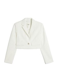 Blazer corto blanco con finas rayas, acabado satinado, solapas afiladas, cierre de un solo botón y dos bolsillos frontales.