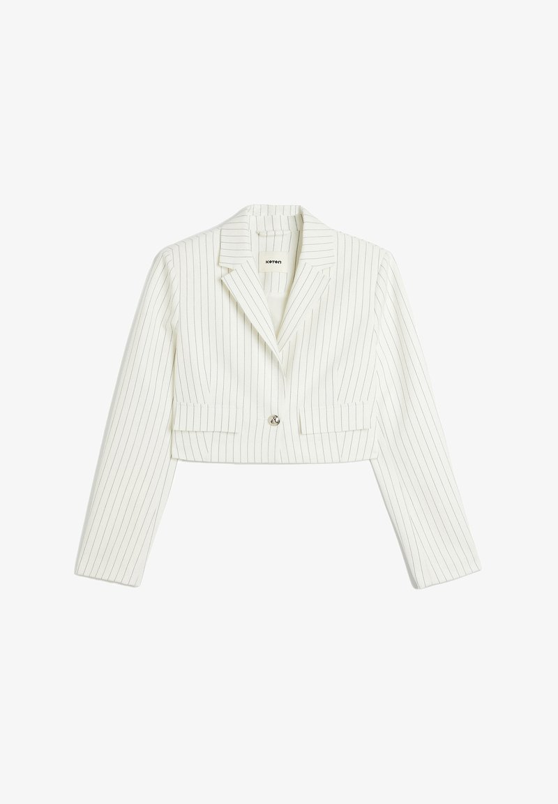 White cropped blazer with light pinstripes, satin finish, sharp lapels, a single button closure, and two front pockets.