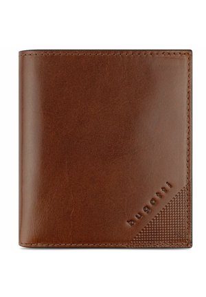 Brown leather wallet with a smooth texture and a patterned accent. Features embossed logo and stitched edges. Square shape, compact design.