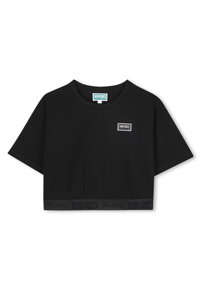 T-shirt nera cropped in un materiale morbido, con collo rotondo, maniche corte e un orlo elastico con marchio che riporta il testo "KENZO PARIS".