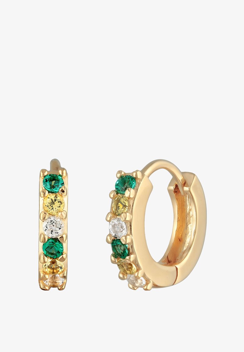 Guldörhängen i form av ringar prydda med gröna, gula och klara stenar; med klorinställningar och en polerad metallfinish.