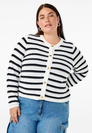 Black and white striped cardigan with a round neckline, gold buttons, and ribbed cuffs. Made of a textured knit fabric.