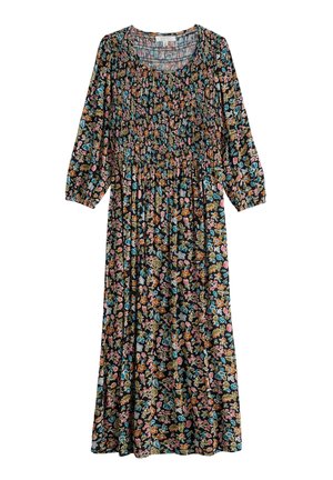 Jurk met lange mouwen en een geplooide taille, zwarte achtergrond en een multikleurig klein bloemenpatroon in roze, blauw, oranje en groen.