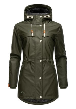 Olive green waterproof raincoat with adjustable hood, two front pockets, white buttons, drawstrings, and patterned lining.