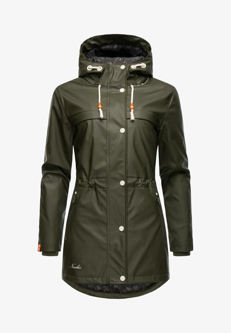 Olive green waterproof raincoat with adjustable hood, two front pockets, white buttons, drawstrings, and patterned lining.