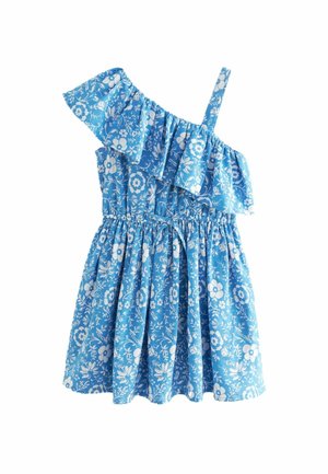 Robe bleue asymétrique avec motif floral blanc, encolure volantée et taille élastique, adaptée pour un enfant.