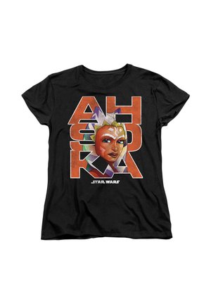 Black t-shirt featuring a graphic design with the text "AHSOKA" in bold orange, and a colorful illustration of a character's face.