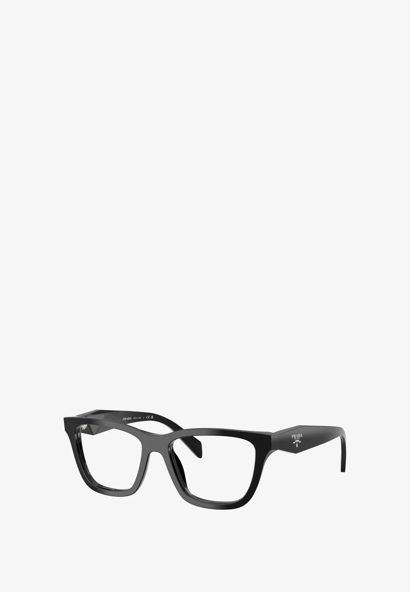 Occhiali rettangolari neri con montature spesse, finitura lucida e aste angolari. Presentano un logo in rilievo sul lato. Lenti trasparenti.