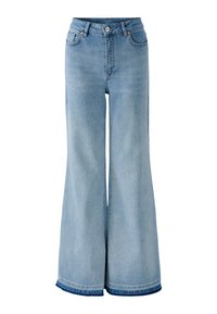 Hellblaue Jeans mit weitem Bein aus Denim. Sie verfügen über eine hohe Taille, zwei vordere Taschen und einen kontrastierenden dunkelblauen Saum.