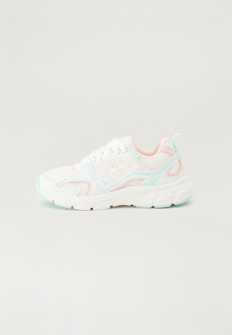 White mesh sneaker with pastel pink and mint green accents, featuring a thick sole and textured surface for breathability and comfort.