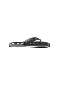 Flip-flop nera in gomma con una cinghia testurizzata, caratterizzata da un logo bianco sulla soletta e un accento grigio lungo la suola.