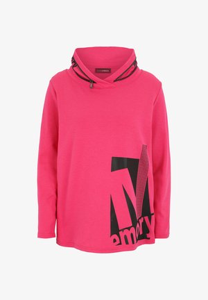 Rosa Langarmshirt mit einem Schalkragen, versehen mit einem schwarzen grafischen Design und Akzenten. Glatter Stoff mit einem entspannten Schnitt und gesenkten Schulternähten.