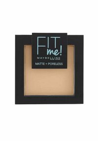 Maybelline FIT Me! puder i en elegant svart kompakt. Matt finish, ljus beige nyans, klart fönster som visar pudertexturen.