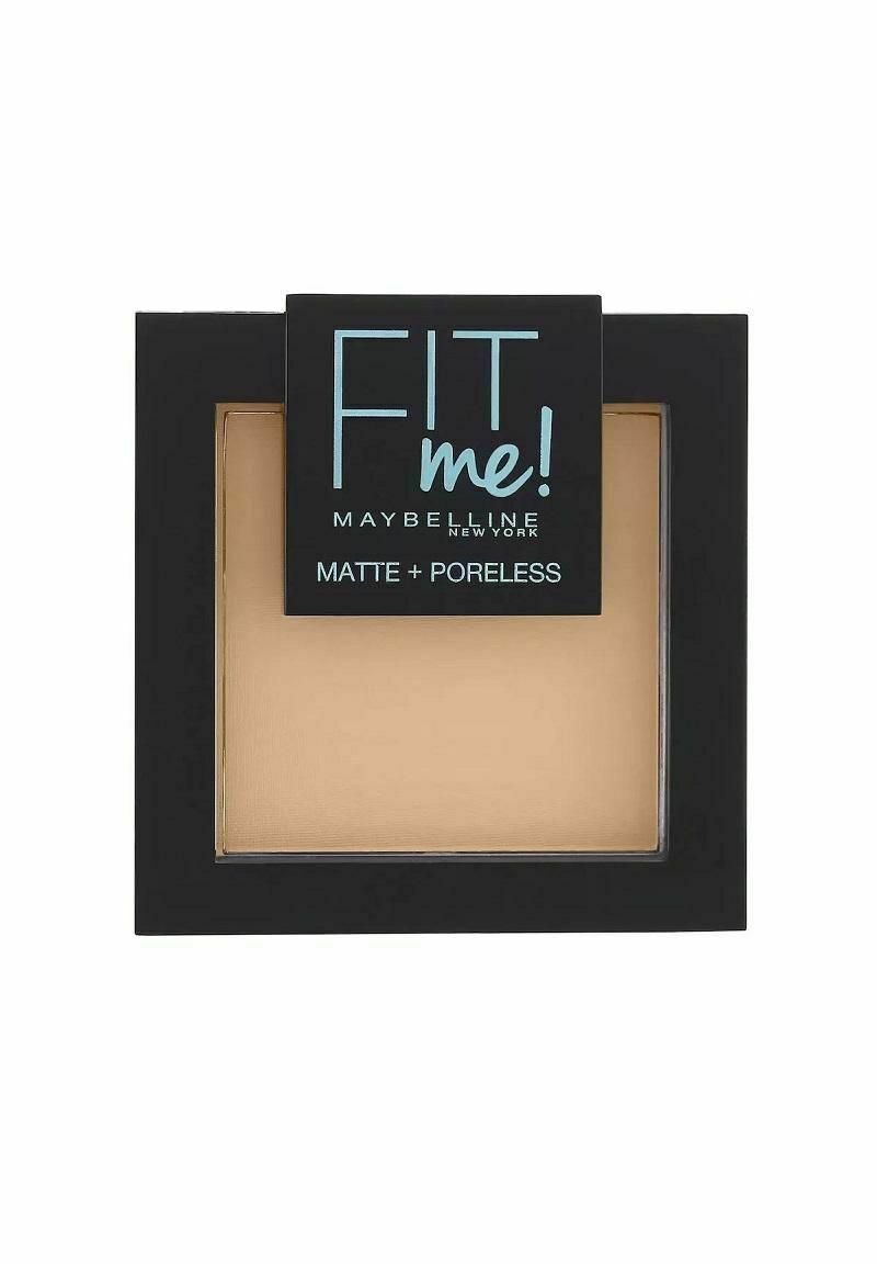 Maybelline FIT Me! puder i en elegant svart kompakt. Matt finish, ljus beige nyans, klart fönster som visar pudertexturen.