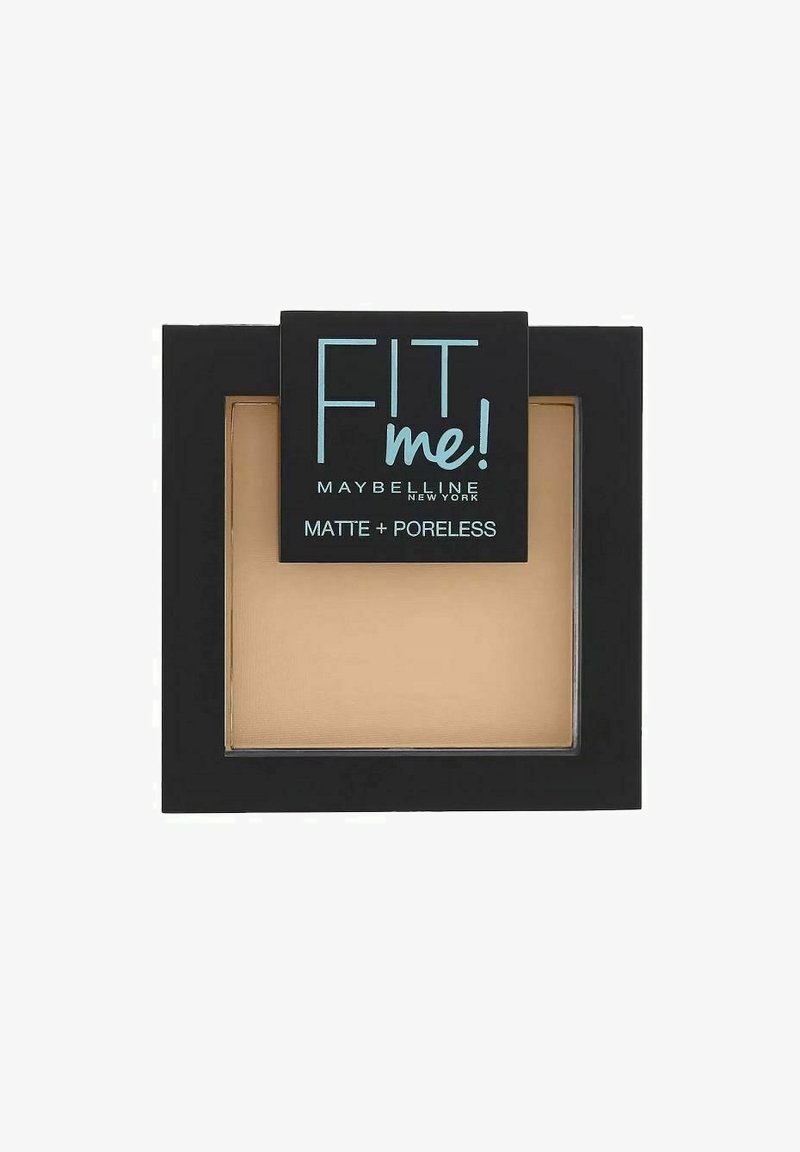 Maybelline FIT Me! puder i en elegant svart kompakt. Matt finish, ljus beige nyans, klart fönster som visar pudertexturen.