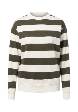 Długi rękaw sweter z paskami w szerokie oliwkowo zielone i białe poziome paski oraz okrągłym dekoltem.