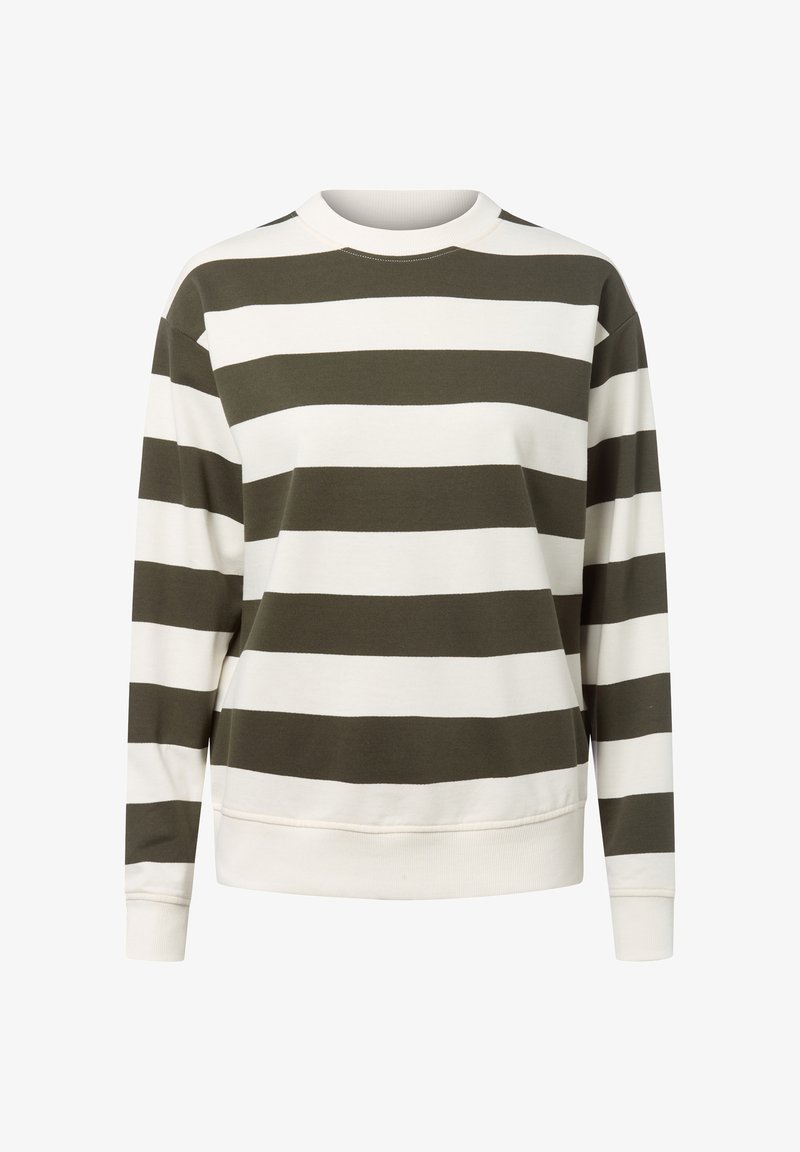 Długi rękaw sweter z paskami w szerokie oliwkowo zielone i białe poziome paski oraz okrągłym dekoltem.