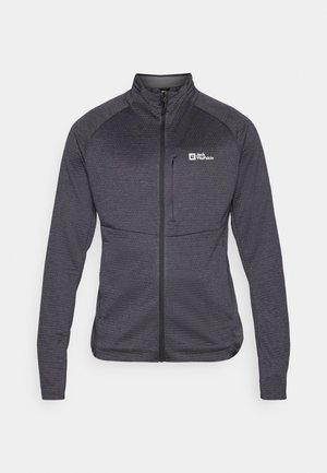 Giacca zip-up grigio scuro realizzata in tessuto testurizzato. Presenta un colletto alto, maniche lunghe e un logo posizionato davanti sul petto.