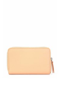 Peach-colored leather wallet with a smooth texture, rectangular shape, zip closure, and a small leather pull tab on the zipper.