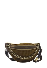 Sac en velours côtelé marron avec une forme incurvée, comprenant un compartiment à double zip, un détail en chaîne métallique et une bandoulière réglable avec des accents en tissu.