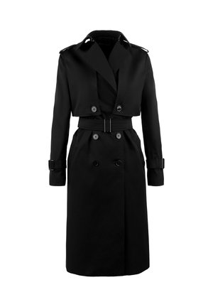 Juodas ilgas paltas su dvigubu užsegimu, plačiomis atvartais, juosmeniu surišamu diržu ir rankovėmis su sagų akcentais. Glotni, lygi medžiaga.