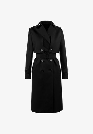 Juodas ilgas paltas su dvigubu užsegimu, plačiomis atvartais, juosmeniu surišamu diržu ir rankovėmis su sagų akcentais. Glotni, lygi medžiaga.