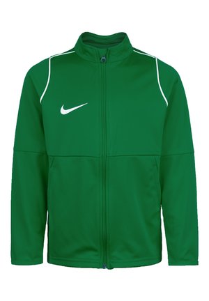 Groene Nike-jack met rits, hoge kraag en wit accent langs de schouders. Heeft een opvallend wit logo op de borst.