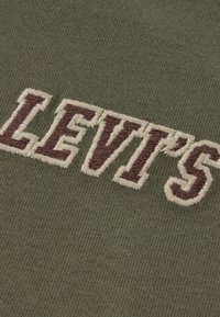 Κοντινή λήψη του κεντημένου λογότυπου Levi's με καφέ και μπεζ κλωστή σε ελαφρώς πράσινο πλεκτό ύφασμα.