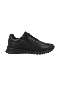 Black leather sneakers with a smooth finish, textured accents, lace-up design, and a cushioned sole for comfort. Side views show detailing.
