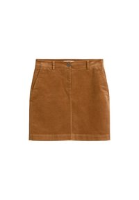 Bruine corduroy rok met een rechte snit, zijzakken en een enkele knoopsluiting in de taille. Soepele textuur met zichtbare naaddetails.