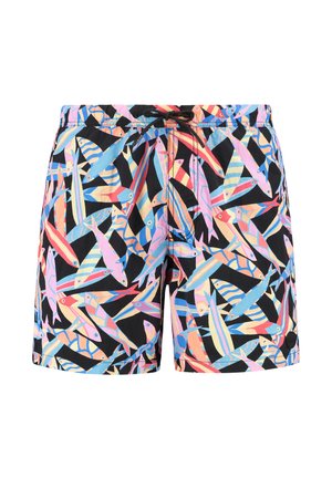 Szorty kąpielowe z żywym wzorem ryb w odcieniach niebieskiego, różowego i żółtego na czarnym tle; elastyczny pas z troczkiem oraz miękka tkanina.