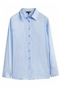 Jasnoniebieska koszula z długim rękawem, zapinana na guziki z przodu, z klasycznym kołnierzykiem i miękką fakturą. Posiada niebieskie guziki i luźny krój.