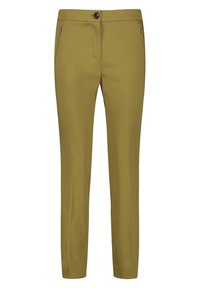Olivově zelené, zakázkově šité kalhoty se slim fit střihem. Obsahují dvě přední kapsy na zip a zapínání na knoflík. Hladká tkanina s strukturovaným designem.
