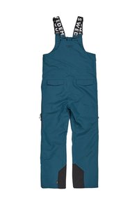 Teal waterdichte overall met zwarte accenten, verstelbare bandjes en meerdere zakken. Heeft verstevigde delen bij de enkels.