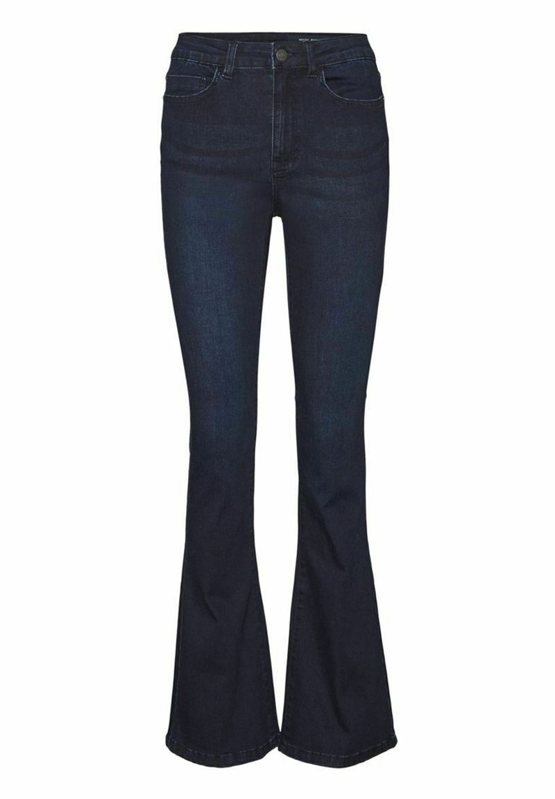 Jean évasé bleu foncé à taille haute, fabriqué en denim. Comprend cinq poches et des détails de couture subtils le long des coutures.