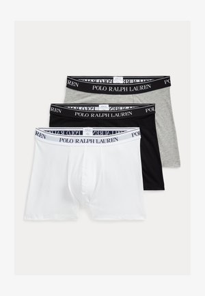 Tre par herre boxer briefs i hvid, sort og grå. Hver har en elastisk taljebånd med "POLO RALPH LAUREN" i sort skrift.