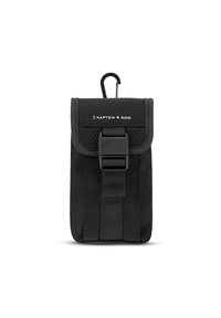 Borsa in nylon nera con cappuccio pieghevole, chiusura a fibbia, dettagli in rete e un gancio per attacco. Superficie texturizzata con dettagli di cucitura.