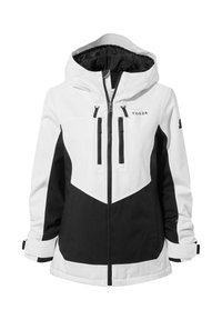 White and black waterproof jacket with a hood, featuring a zip closure, two front pockets, and angular color blocking design elements.