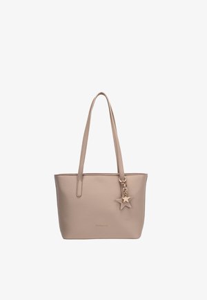 Beige leather tote bag with two shoulder straps and a double star-shaped charm hanging on the front right side.