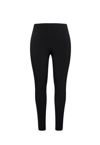Leggings neri realizzati in un materiale elasticizzato con un design senza cuciture, dotati di una cintura elastica e una silhouette aderente.