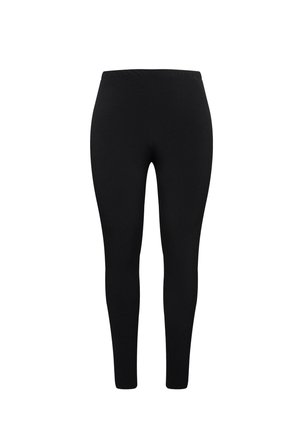 Sorte leggings lavet af et strækbart materiale med et sømløst design, der har en elastisk talje og en tætsiddende silhuet.