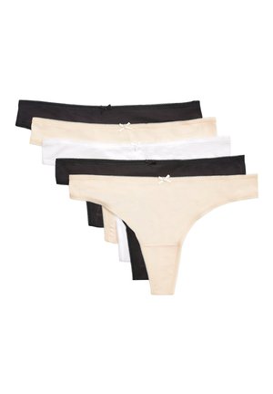 Fem par damtrosor i svart, vitt och beige. Tillverkade av slätt tyg med spetsdetaljer och små rosetter framtill.