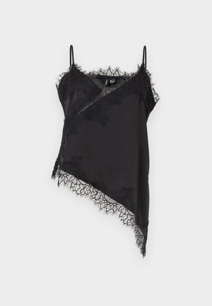 Sort asymmetrisk camisole med delikat blonder trim ved udskæring, kant og sider, med tynde justerbare skulderstropper.