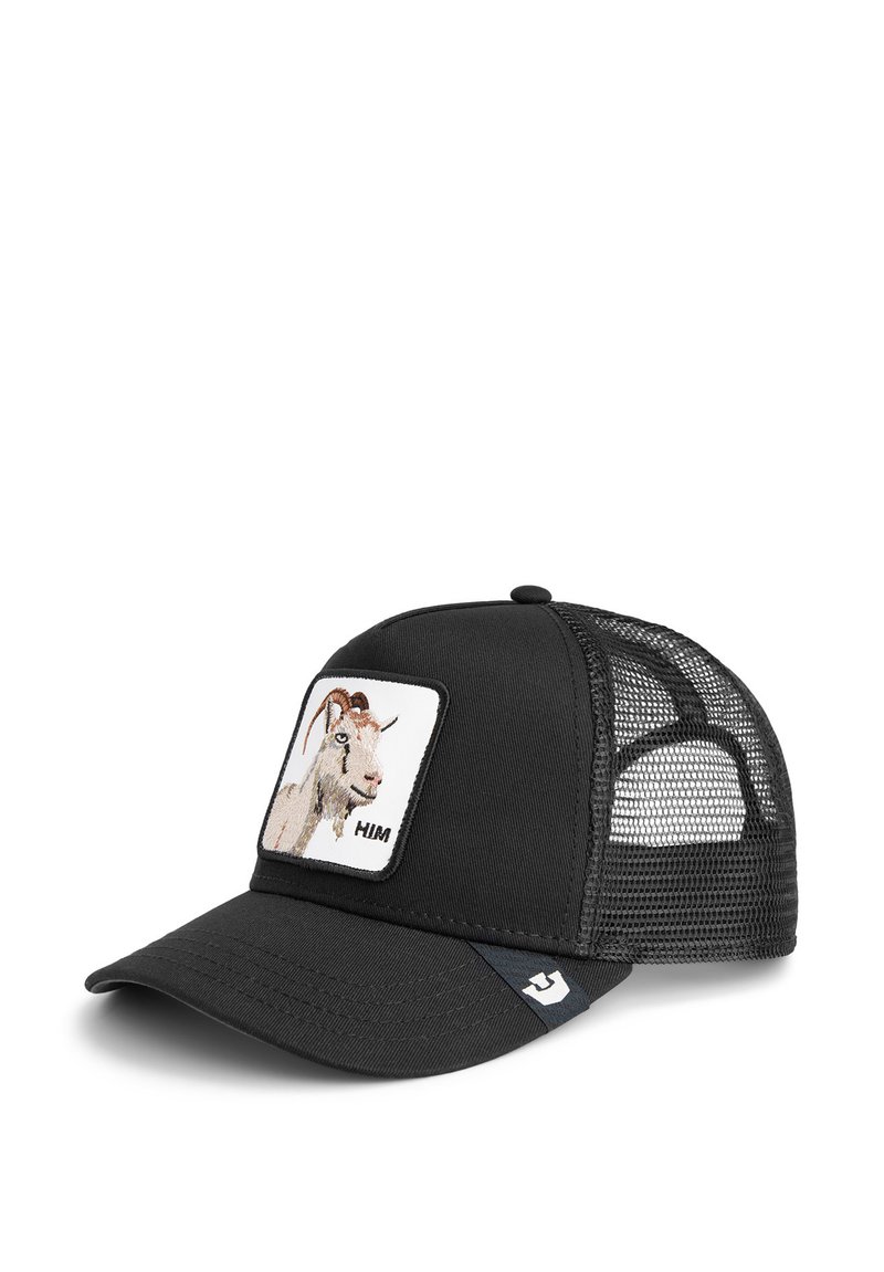 Schwarze Baseballmütze mit Netzseiten, die auf der Vorderseite ein gesticktes Emblem eines Ziegengesichts und ein kleines Logo an der Seite zeigt.