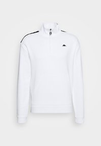 Bílá mikina s vysokým límcem, přední kapsou a černými akcenty na ramenou. Na hrudi je malá logo.