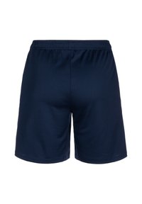 Marineblauwe sportshorts met een gestructureerd oppervlak, elastische tailleband en zonder zichtbare zakken of versieringen.